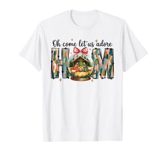 Oh Come Let Us Adore Him Christmas Nativity Scene Snow Globe T-Shirt