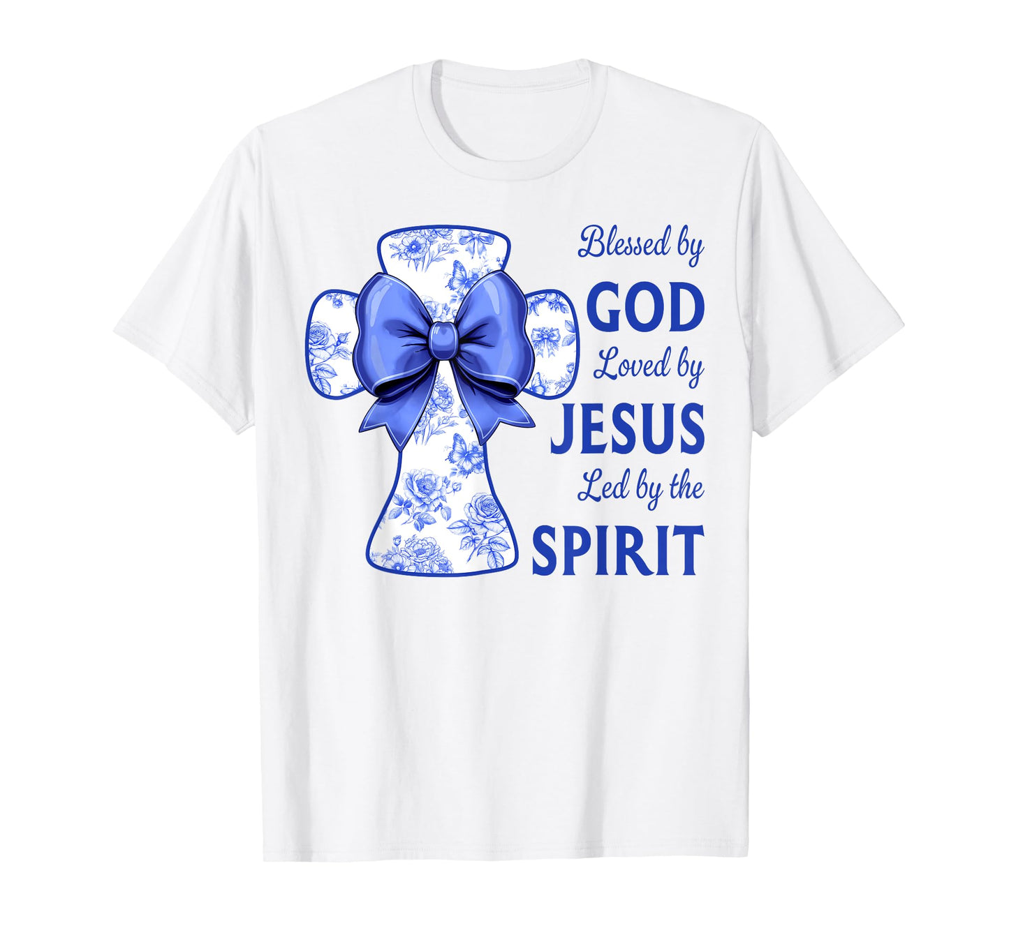 Blessed by God Loved by Jesus Blue Toile Cross Christian T-Shirt