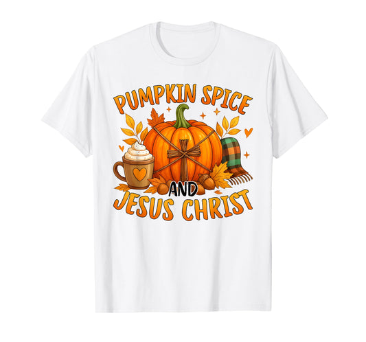 Cute Pumpkin Spice and Jesus Christ Cozy Fall Christian T-Shirt
