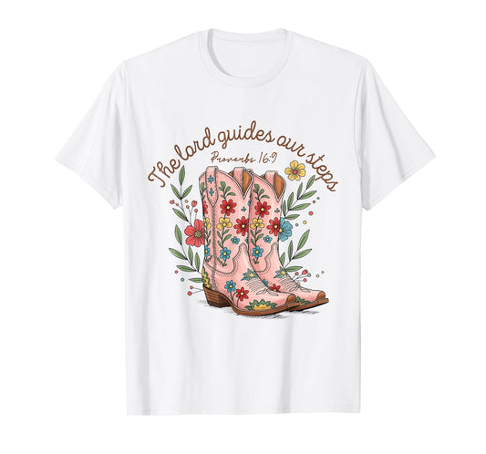The Lord Guides Our Steps Western Cowboy Boots Bible Verse T-Shirt