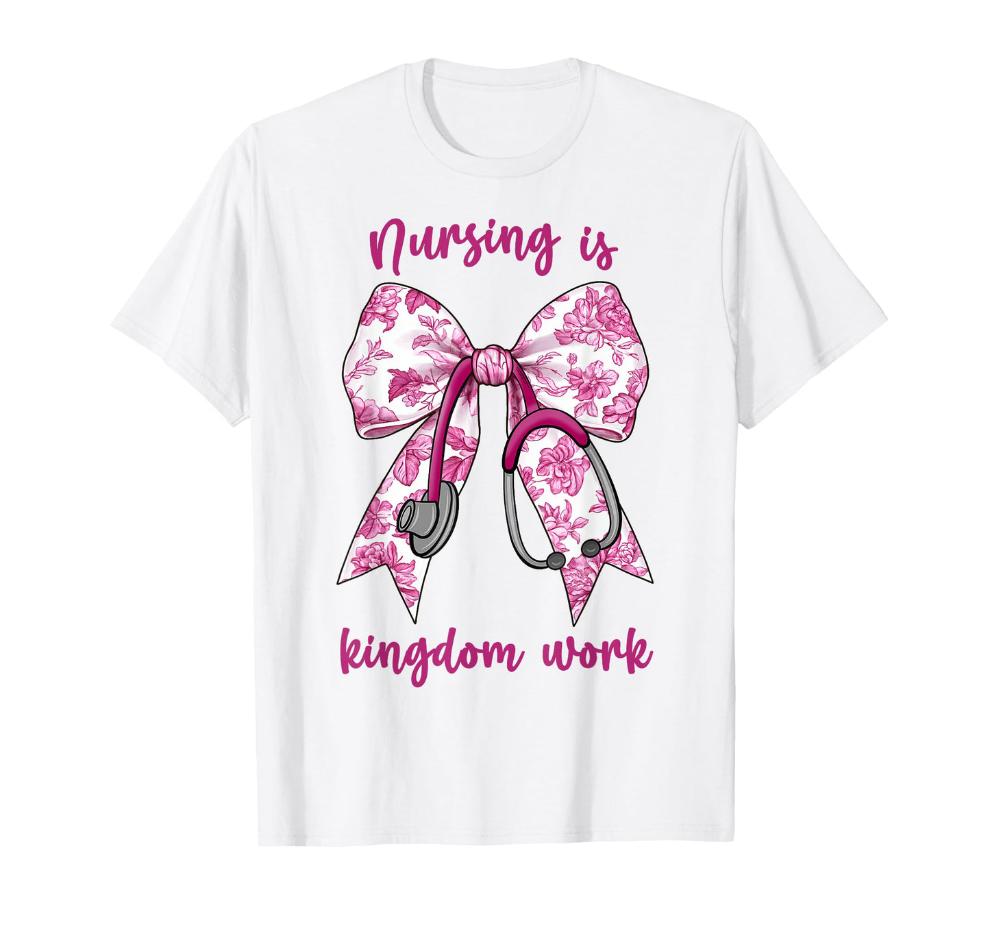 Christian Nurse, Nursing is Kingdom Work, Pink Toile Bow T-Shirt