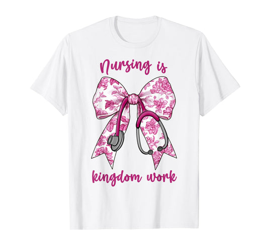 Christian Nurse, Nursing is Kingdom Work, Pink Toile Bow T-Shirt