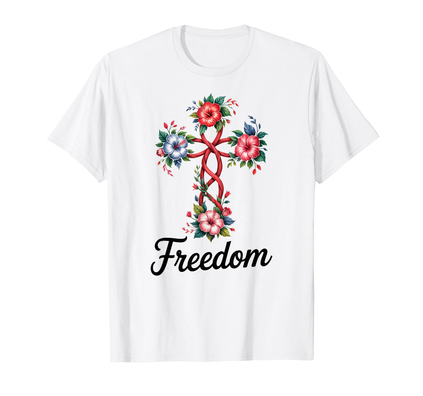 Freedom Floral Cross Design Christian Faith T-Shirt