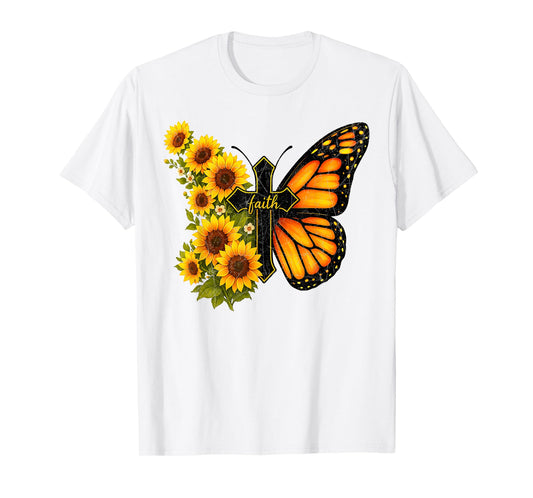Faith Cross Vintage Sunflower Butterfly Christian T-Shirt