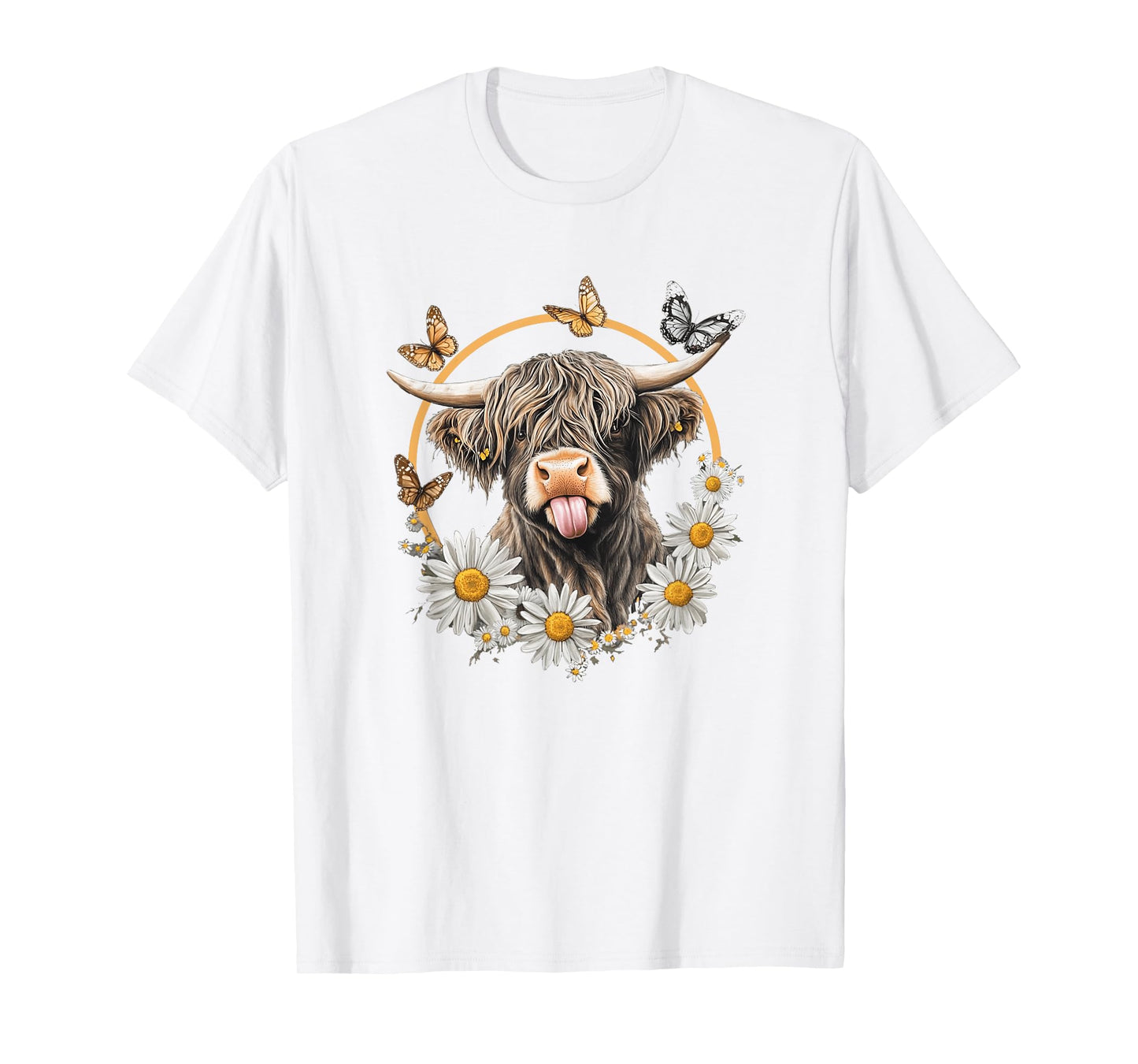 Highland Cow With Sunflower Daisies Butterflies Farm Western T-Shirt