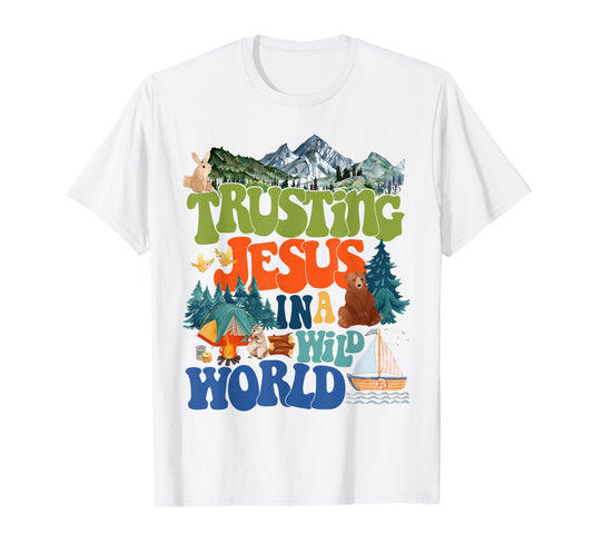 Retro Trusting Jesus In A Wild World VBS 2025 Summer Camping T-Shirt