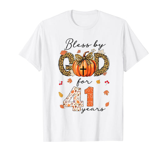 Blessed By God For 41 Years Old Woman Leopard Bow Pumpkin T-Shirt