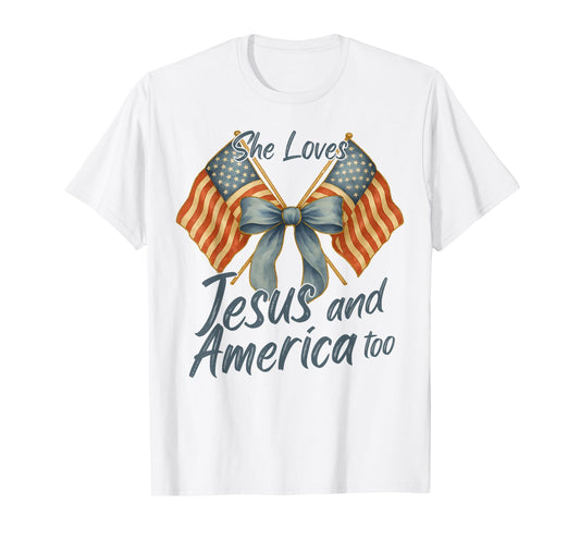 She Loves Jesus And America Too Christian Cross God 4th July T-Shirt
