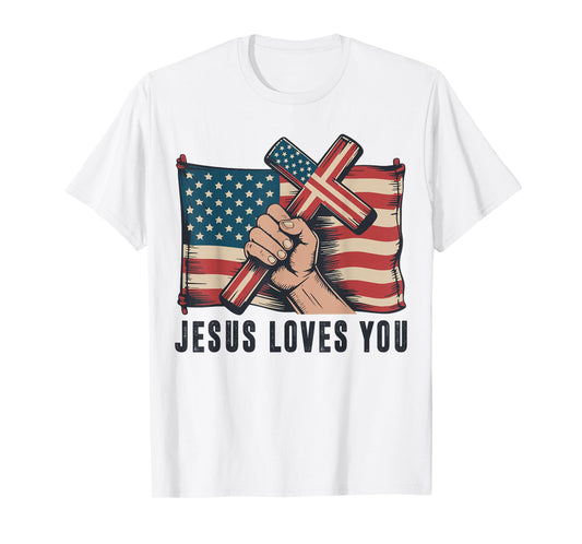 Mens Jesus Loves You Christian Patriotic Cross American Flag T-Shirt