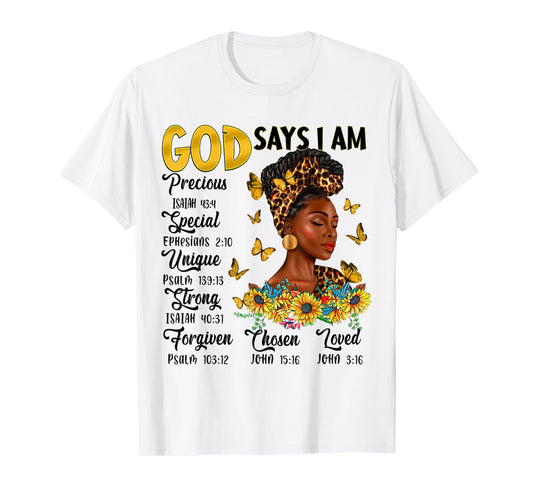 Black Woman God Says I Am Bible Verse Sunflower Butterfly T-Shirt