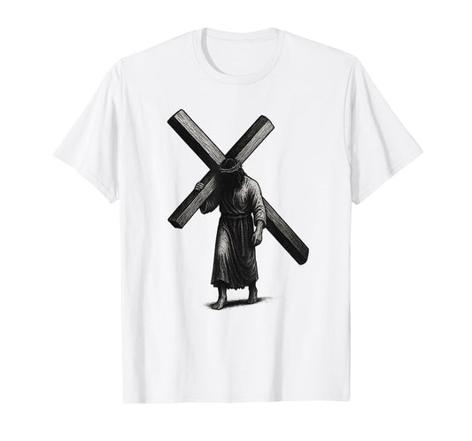 Jesus Carrying The Cross Hand Drawn Style Christian Art T-Shirt