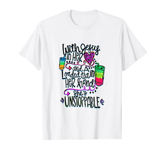 With Jesus In Heart & Loaded Tea In Her Hand Funny Christian T-Shirt
