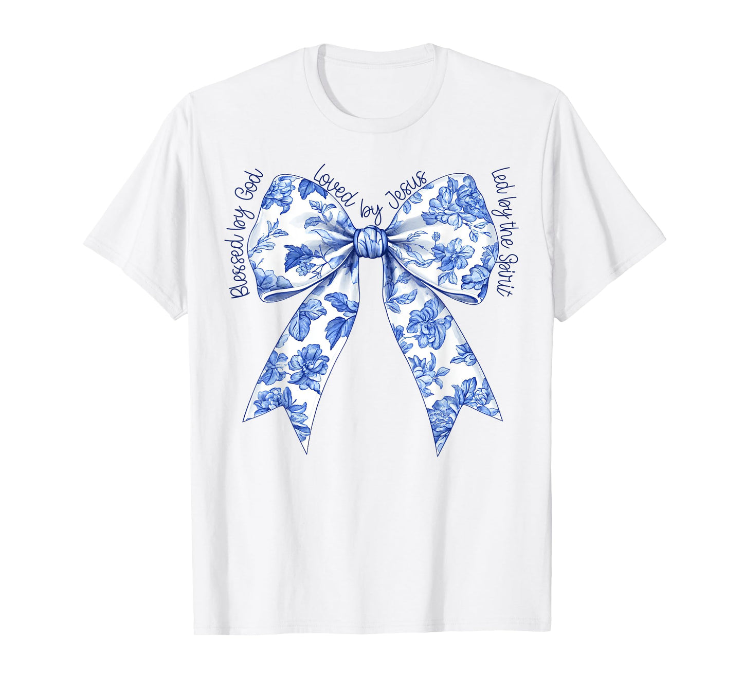Blessed By God Loved By Jesus Blue Toile Coquette Bow T-Shirt