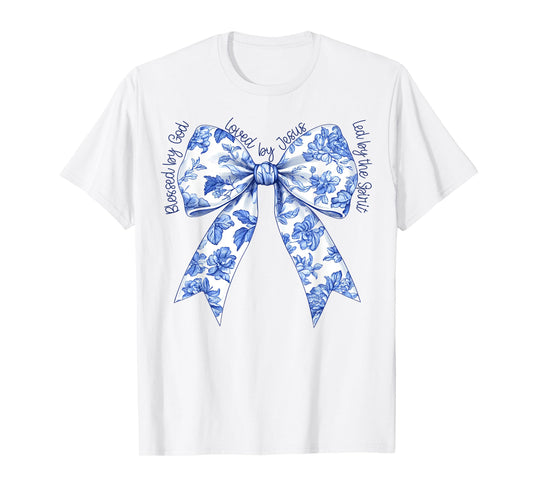 Blessed By God Loved By Jesus Blue Toile Coquette Bow T-Shirt