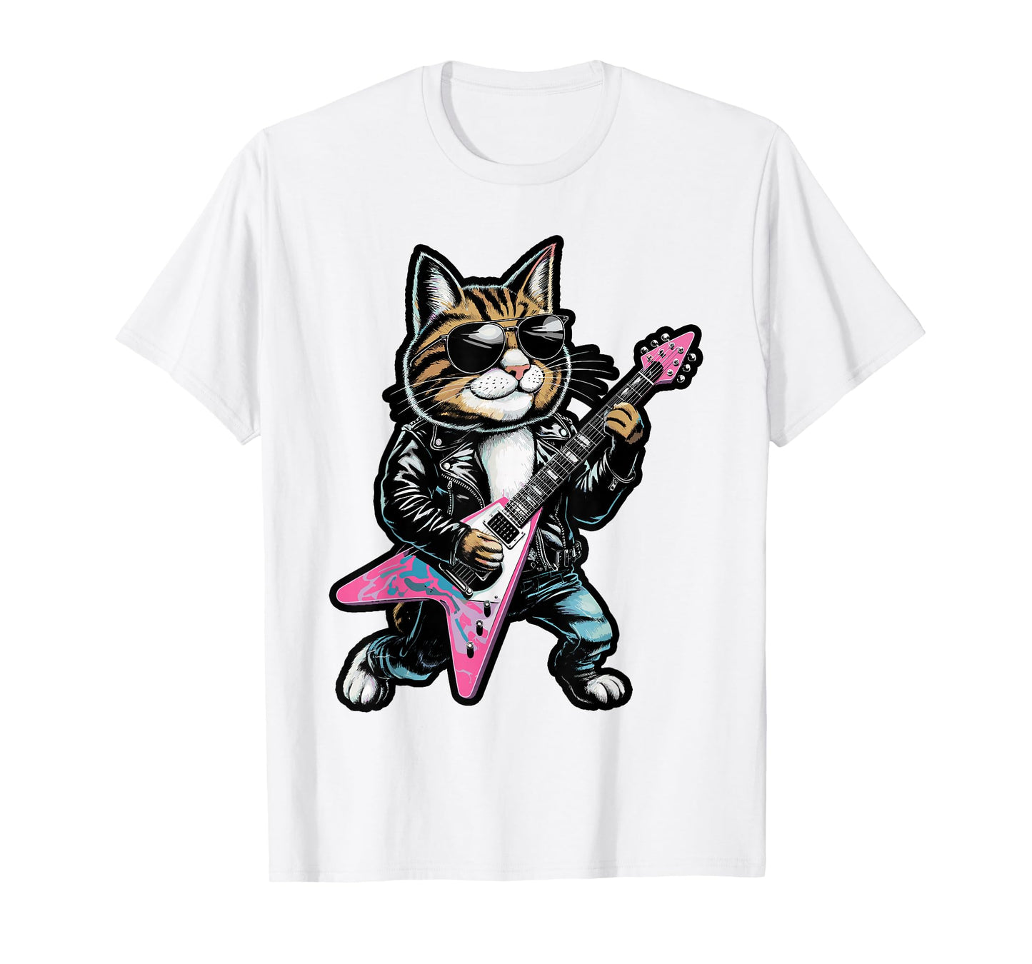 Rock Star Cat Playing Guitar Design T-Shirt
