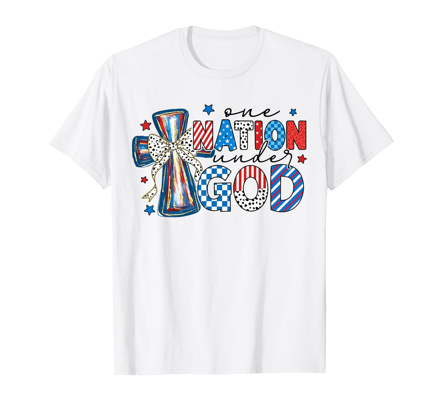 One Nation Under God USA Flag Cross Floral Christian Women T-Shirt