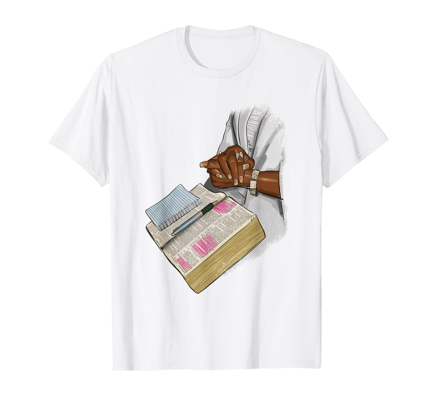 Hands Black Woman Praying Design Book Bible Religious Art T-Shirt