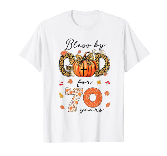 Blessed By God For 70 Years Old Woman Leopard Bow Pumpkin T-Shirt