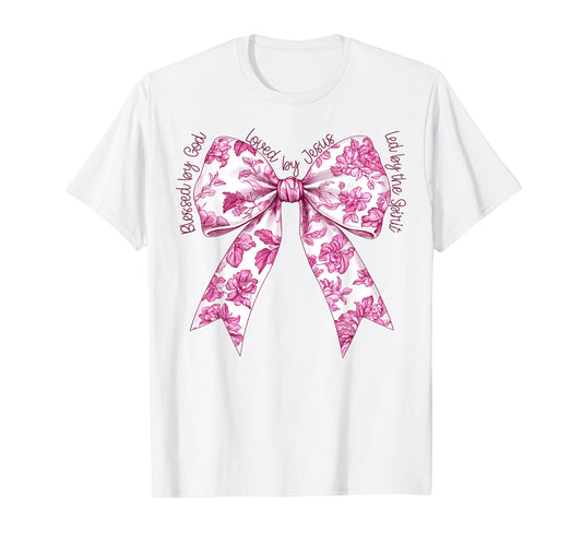 Blessed By God Loved By Jesus Pink Toile Coquette Bow T-Shirt