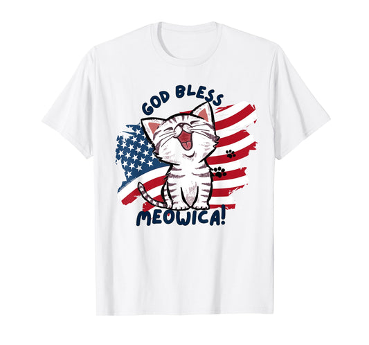 Cute Cat Lovers God Bless Meowica Patriotic 4th of July T-Shirt for Women Kids Men