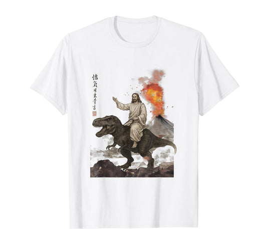 Retro Calligraphy Jesus Riding Dinosaur Volcanic Eruption T-Shirt