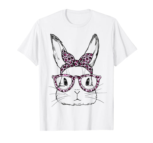 Cute Bunny Rabbit Leopard Glasses Happy Easter Day T-Shirt