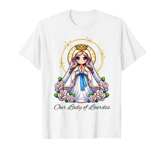 Our Lady of Lourdes Pray Mary Cute Women Catholic Girls kids T-Shirt
