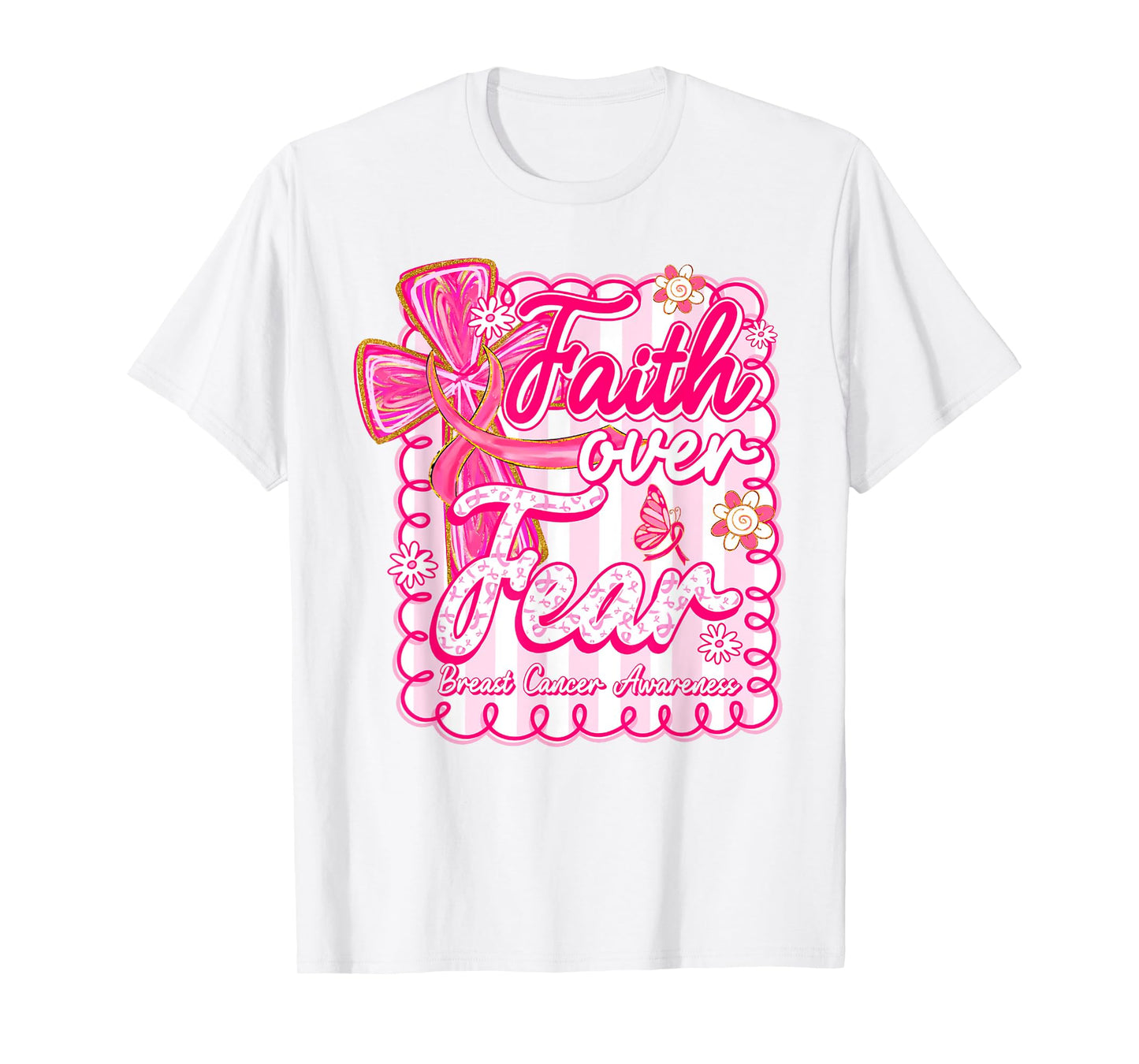 Faith Over Fear Coquette Bow Plaid Breast Cancer Awareness T-Shirt