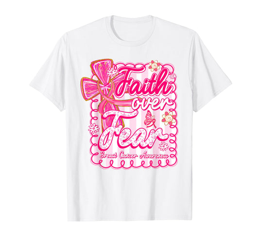 Faith Over Fear Coquette Bow Plaid Breast Cancer Awareness T-Shirt