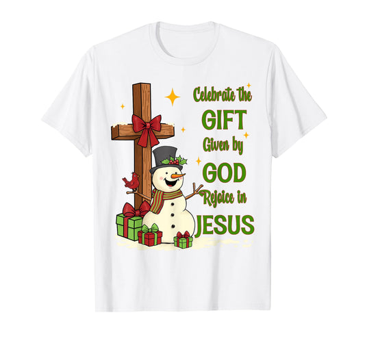 Celebrate Jesus Birth Christmas Snowman Christian Cross T-Shirt