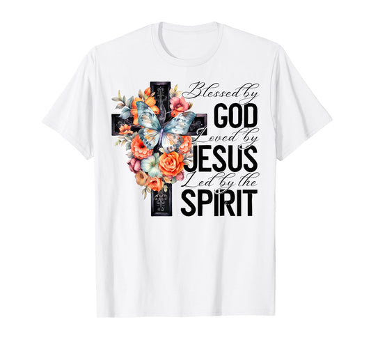 Blessed By God Loved By Jesus Floral Cross Faith Christian T-Shirt