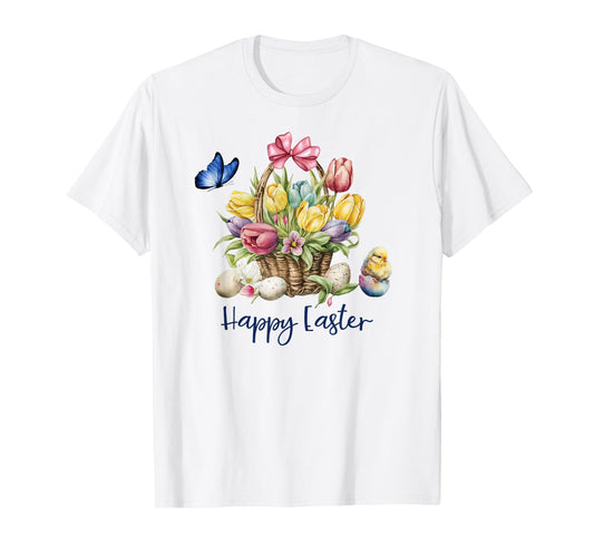 Happy Easter Flower Basket with Baby Chick Butterfly Easter T-Shirt