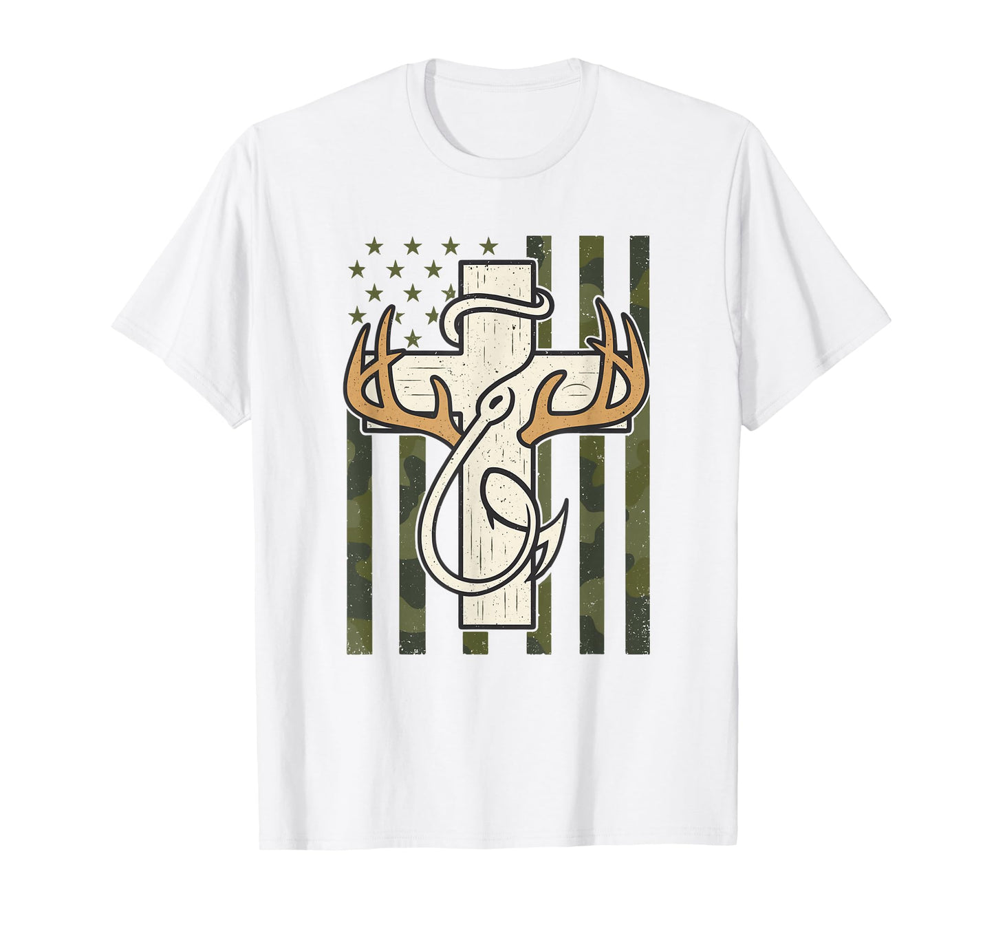 Cross Antlers Fishing Hook Camo Flag Christian Hunter T-Shirt