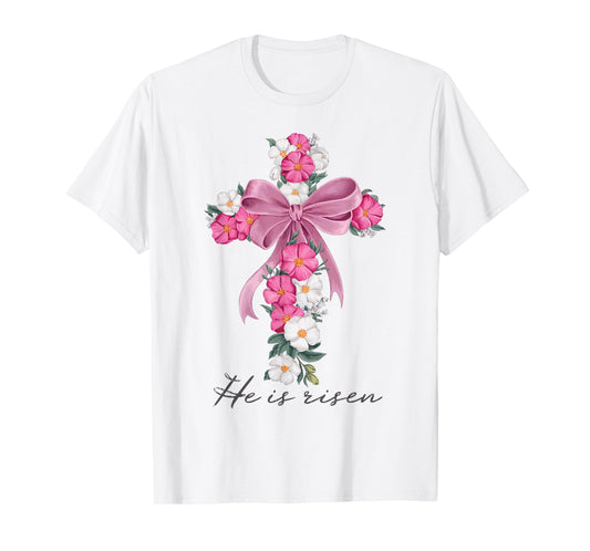 He Is Risen Easter Bow Trendy Cute Coquette Jesus Christ T-Shirt