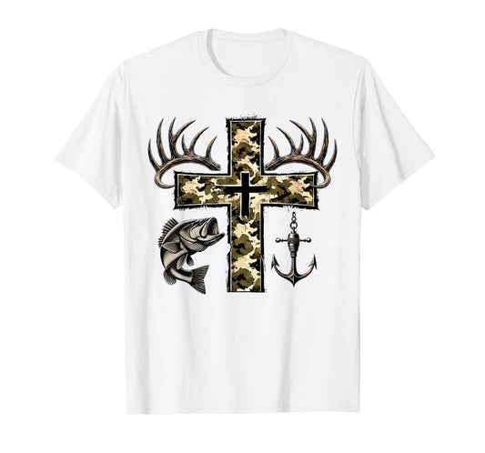 Hunting Fishing Cross Camo Faith Christian Fisherman Hunter T-Shirt