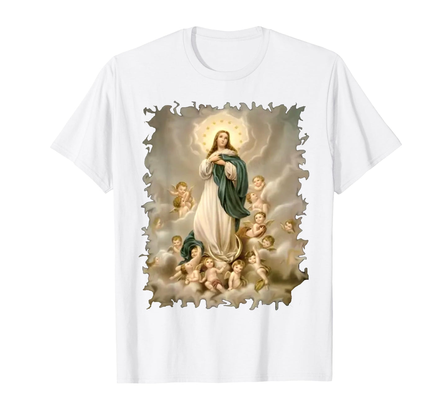 Blessed Virgin Mary and Cute Angels Pattern in Heaven Scene T-Shirt