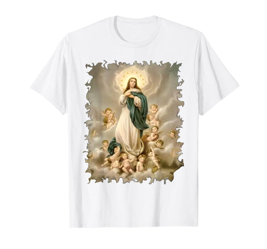 Blessed Virgin Mary and Cute Angels Pattern in Heaven Scene T-Shirt