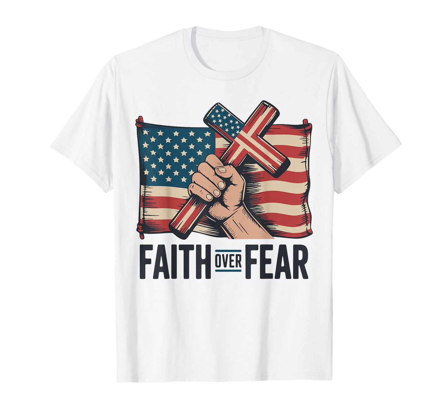 Christian Patriotic Cross Faith Over Fear American Flag Mens T-Shirt