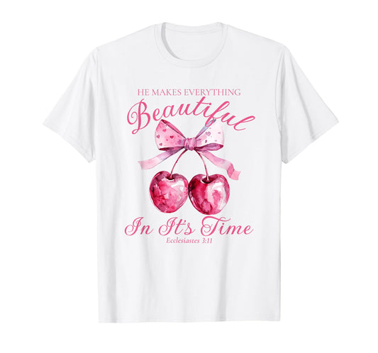 Crochet Pink Bow Cherry Bible Verse Jesus Coquette Christian T-Shirt