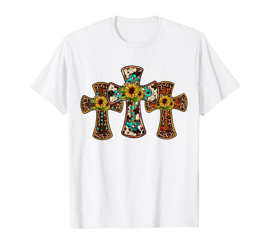 Western Cross Christian God Jesus Sunflower Cowhide T-Shirt