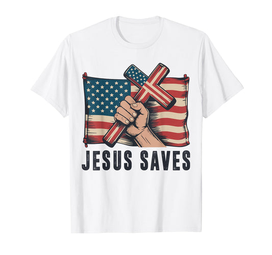 White Jesus Saves American Flag Christian Patriotic Cross T-Shirt