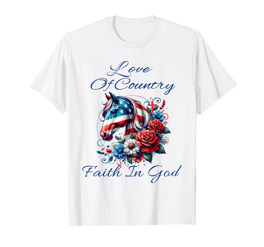 Patriotic Christian Faith In God Cool Horse Lady & Cross T-Shirt