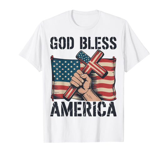Mens God Bless American Flag Christian Patriotic Cross Jesus T-Shirt