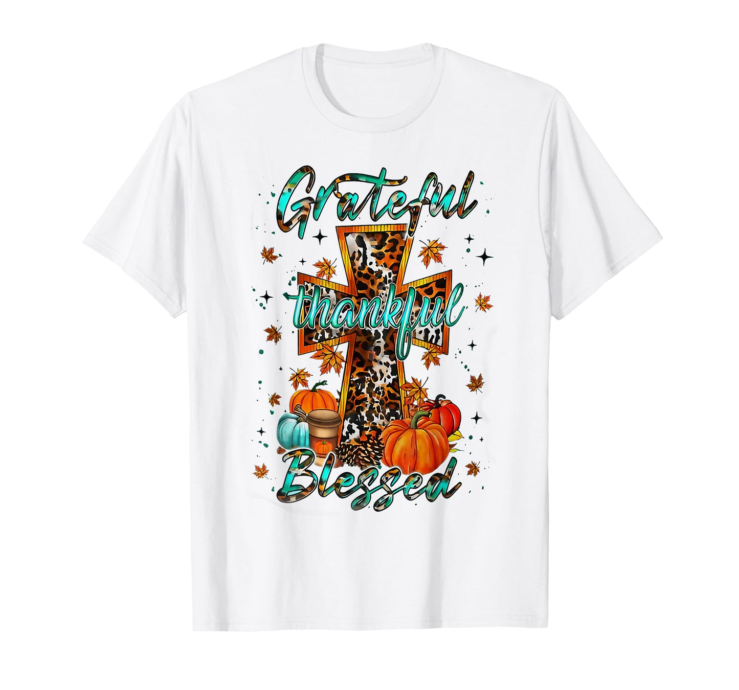 Grateful Thankful Blessed Cross Faith Pumpkin Leopard Autumn T-Shirt