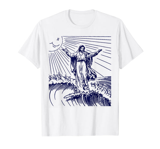 Funny Surfing Jesus On Top of Big Wave God Riding Surfboard T-Shirt