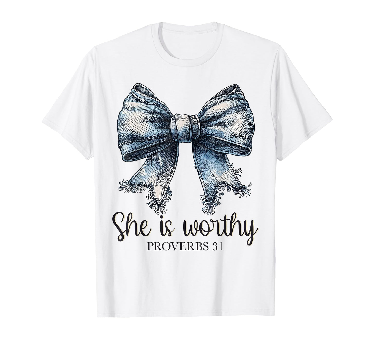 Denim She is Worthy Bow Proverbs Coquette Christian Women's T-Shirt