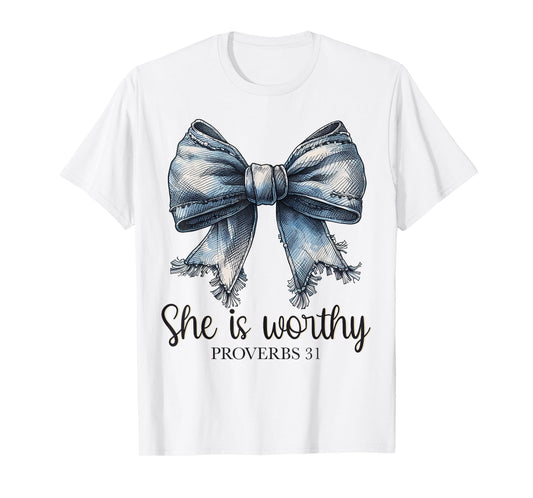 Denim She is Worthy Bow Proverbs Coquette Christian Women's T-Shirt