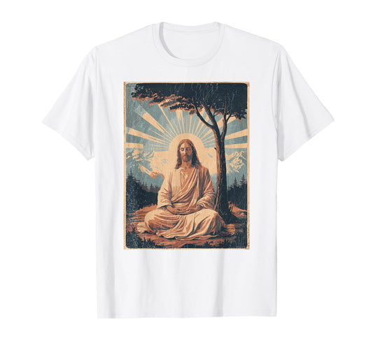 Jesus Meditating Under Tree, Mountains - Retro Faded Print T-Shirt