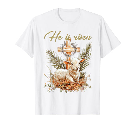He Is Risen Sheep Lamb Cross Jesus Christian Easter Women T-Shirt