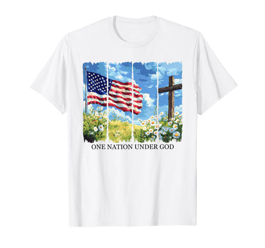 One Nation Under God USA Flag Flowers Red White Blue Cross T-Shirt